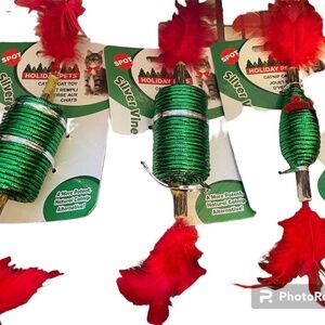 Spot GREEN Holiday Silver Vine Cord Stick Feather Chew Toy Lot 3 Toys Cat